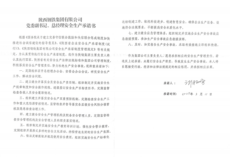 陜西鋼鐵集團(tuán)有限公司黨委副書記、總經(jīng)理安全生產(chǎn)承諾書